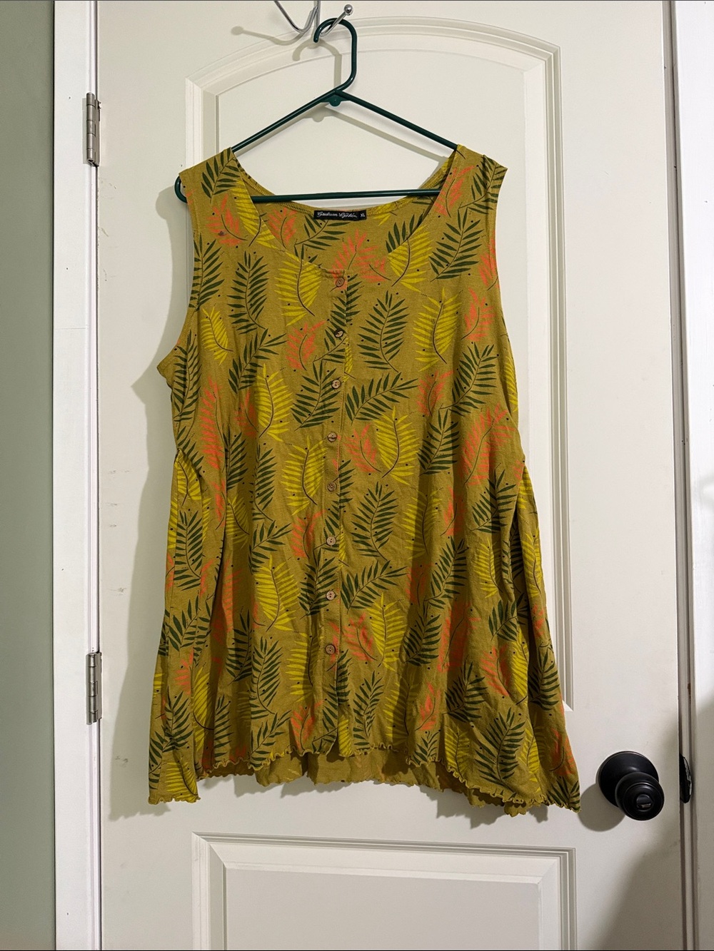 Womens Sleeveless Button-Front Dress in Mustard Leaf Print. Gudrun Sjoden XL